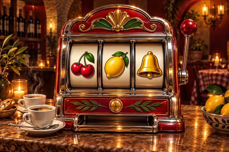 The Trattoria Classic machine: a red and chrome three-reel slot with cherries, a lemon and a bell, beside an espresso cup