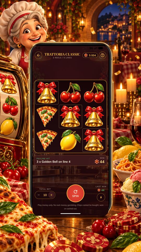 The Trattoria Classic machine screen on a phone, with a payline hit shown under the reels