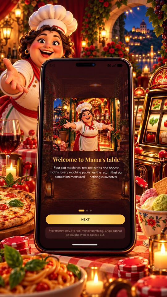 Spinmama Casino onboarding screen 'Welcome to Mama's table' shown on a phone, with Mama waving in the trattoria